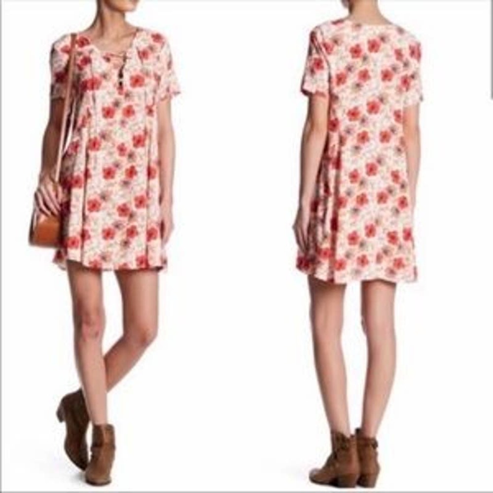 ASTR Lace-Up Hibiscus Floral Mini Dress